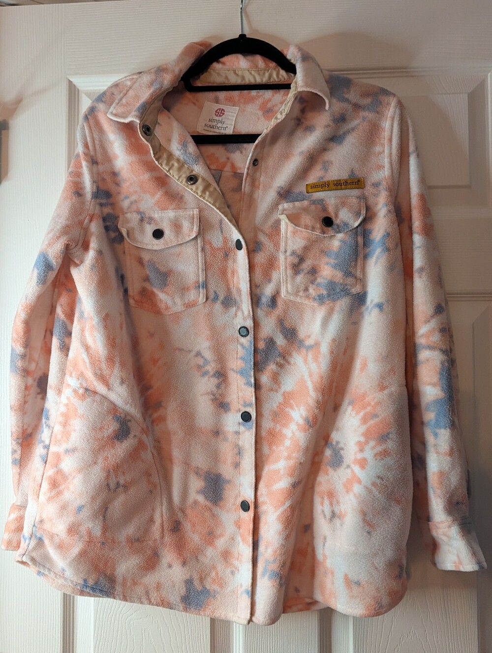 Simply Southern Women’s Sherpa Fleece Shacket Peach Blue Tie Dye Snap Button Jac - Picture 2 of 6